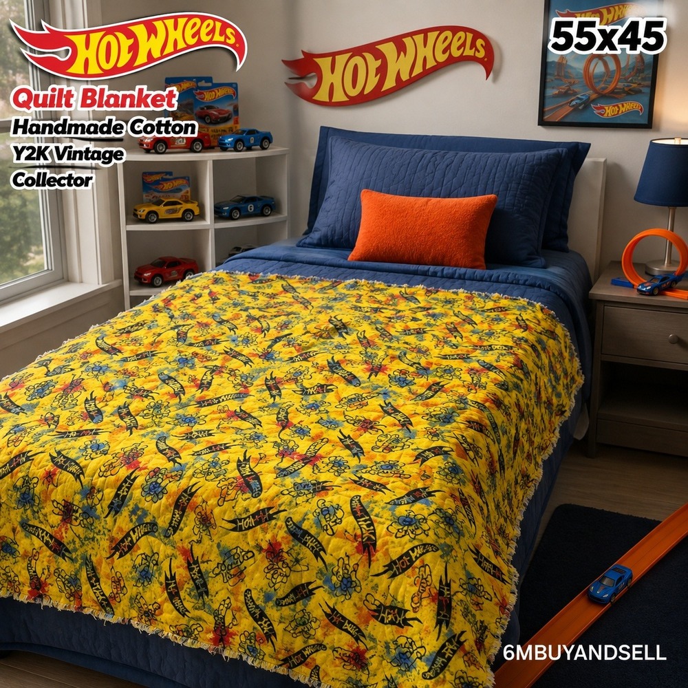 Hot Wheels Quilt Blanket Handmade Cotton Yellow Y2K Vintage‎ Rag Style 55x45